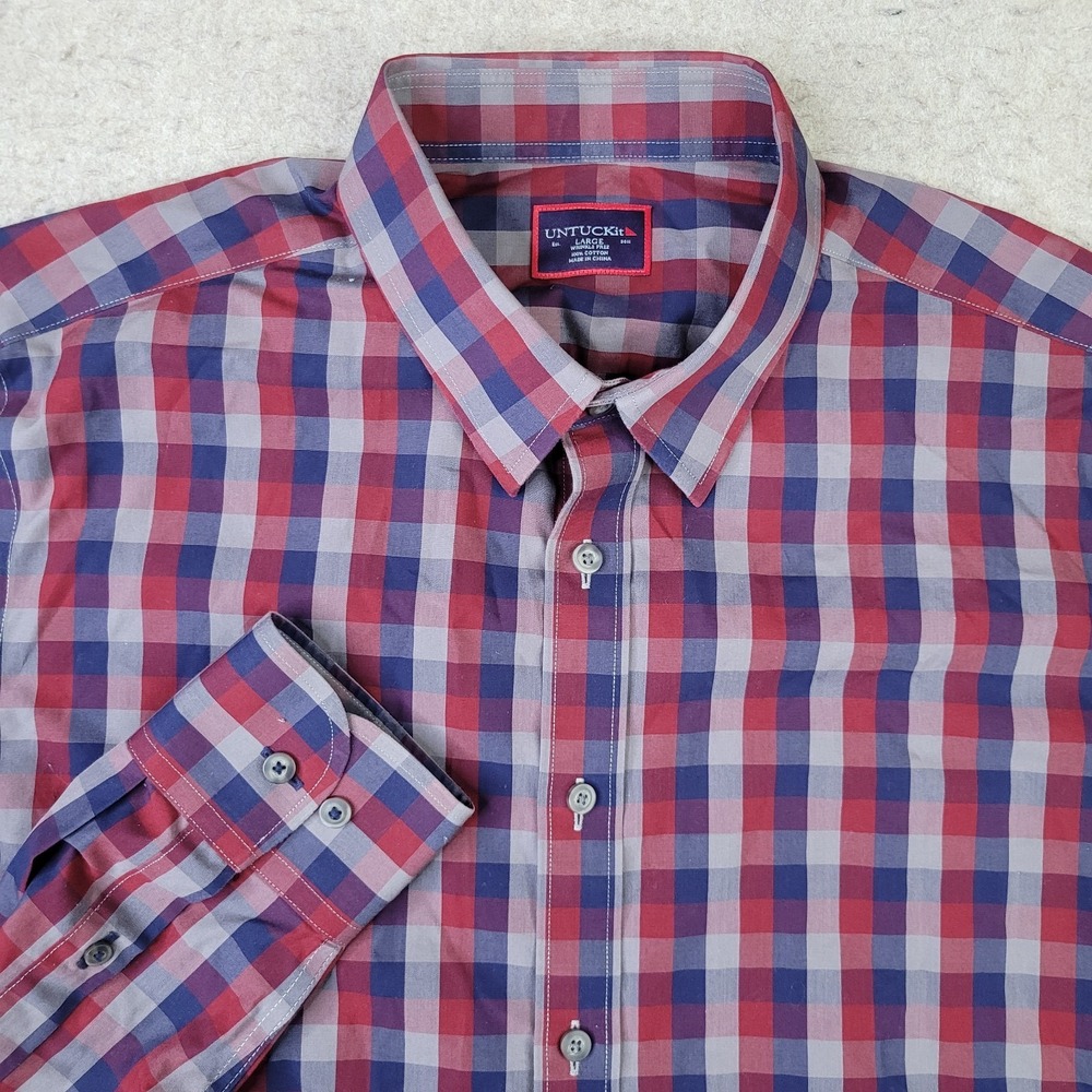 Untuckit Shirt Mens‎ Large Red Blue Plaid Long Sleeve Button Up Wrinkle Free